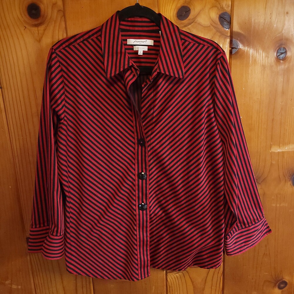 Foxcroft 14 Shaped Button Up Shirt Red Black Striped Long Sleeve
